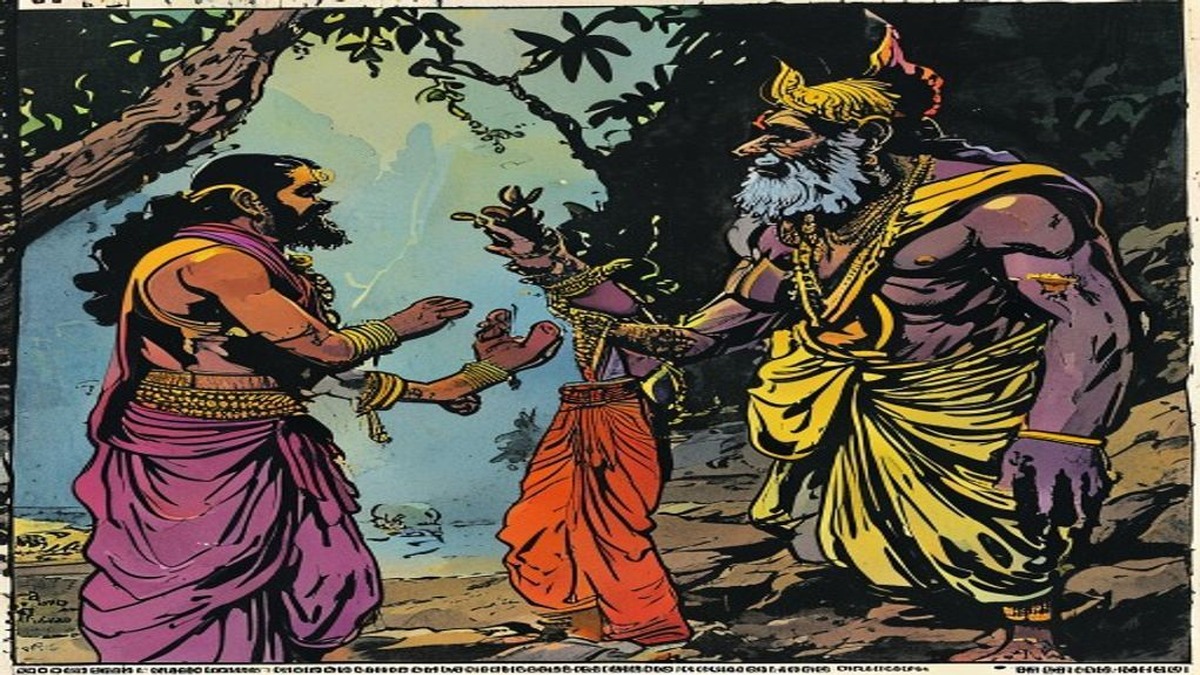 A brahmin sleeps peacefully in his home while outside, in the darkness, a thief and a rakshasa circle the house from opposite sides, each unaware that the other is also there to harm the same target