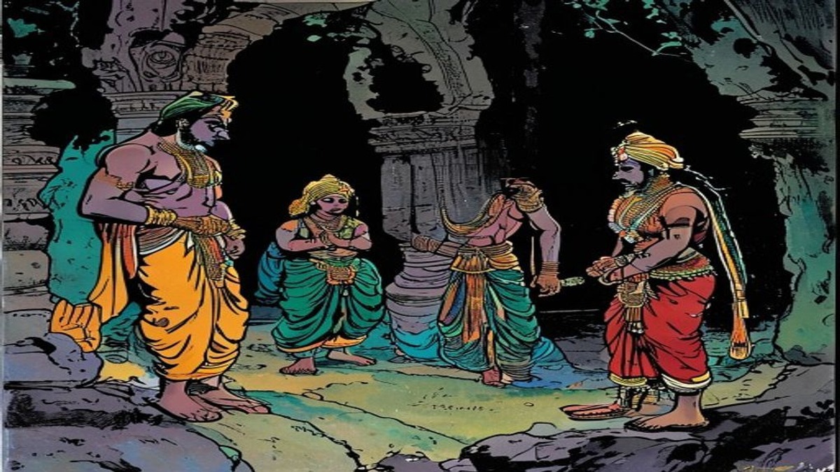 The thief and the rakshasa confront each other outside the brahmin's house, their struggle illuminated by torchlight, each adversary discovering that the other is a more immediate problem than the brahmin they both intended to harm