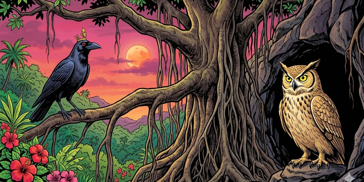 The Story of the Enmity Between Crows and Owls - Cover - Split scene of Meghavarna the black crow-king on a banyan branch and Arimardana the great horned owl-king at the cave-fort mouth, magenta sunset, vibrant Amar Chitra Katha style