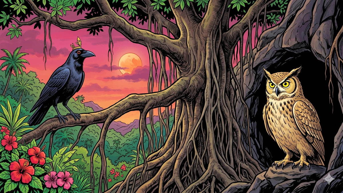 The Story of the Enmity Between Crows and Owls — Meghavarṇa the coal-black crow-king on a banyan branch facing Arimardana the great horned owl-king at the mouth of his rocky cave-fort under a magenta-orange sunset, Amar Chitra Katha style