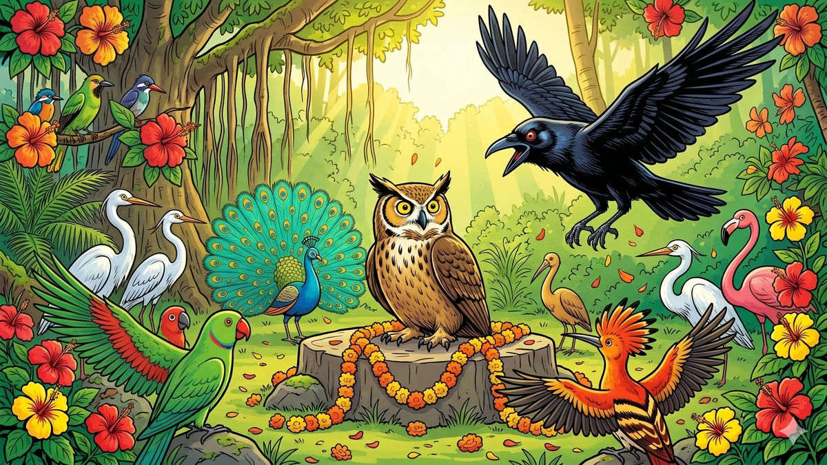 The Story of the Enmity Between Crows and Owls — the coronation disruption: a black crow swooping in mid-flight with wings outstretched while an owl on a marigold-draped stone is startled, assembly birds recoiling, vibrant ACK style
