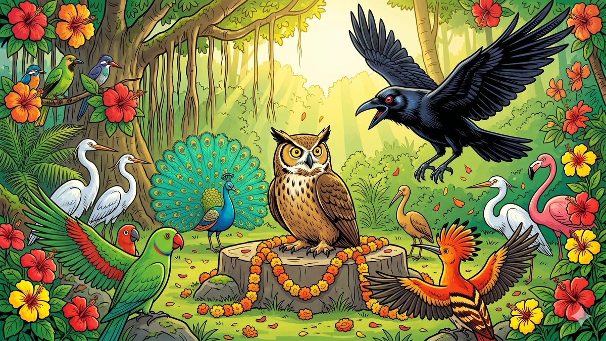 The Story of the Enmity Between Crows and Owls — Sthirajīvin the false defector crow standing before Arimardana the owl-king on his stone throne in the cave-fort interior, Raktākṣa the red-eyed senior owl counsellor warning the king with wings half-spread, marigold petals scattered, golden torchlight, vibrant ACK style