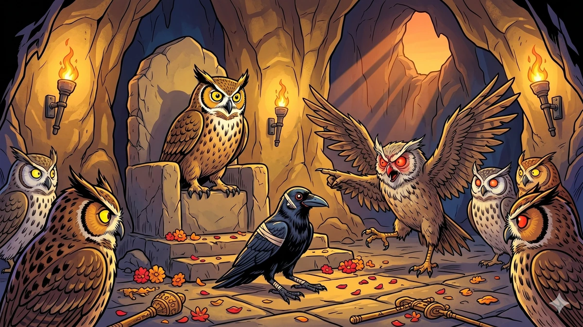 The Story of the Enmity Between Crows and Owls — high noon, Meghavarṇa's army of black crows dive-bombing the owl cave-fort with flaming twigs in their beaks, smoke and fire pouring from the cave openings, blue sky and bright sun, vibrant ACK style