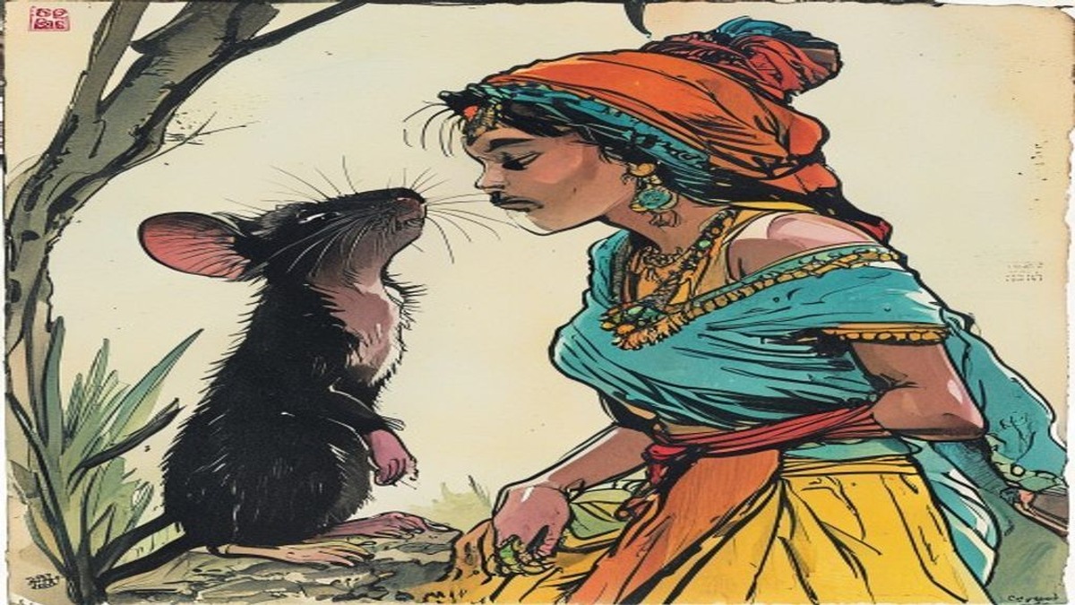 A young woman &mdash; the transformed female mouse &mdash; stands before the brilliant sun as a proposed suitor, her posture conveying polite consideration rather than attraction, the inner orientation that will assert itself through the suitor sequence already present though not yet recognised