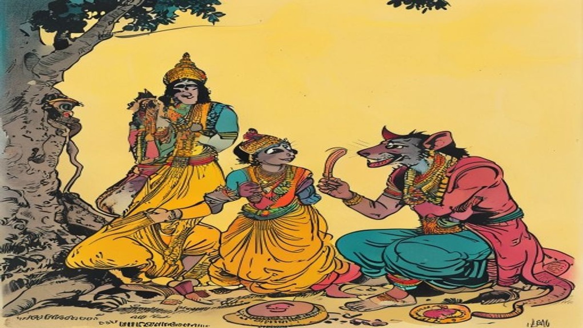 The female mouse in girl-form stands before the mountain, who gestures downward to indicate the mouse that burrows beneath him, her expression shifting from polite consideration to the first recognition of genuine interest
