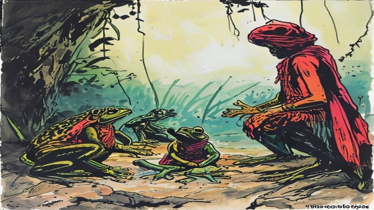 The frog king at the edge of the well gestures in welcome to a large black snake, offering the snake entry into the well where the frog community lives &mdash; the catastrophic alliance whose consequences he cannot yet see