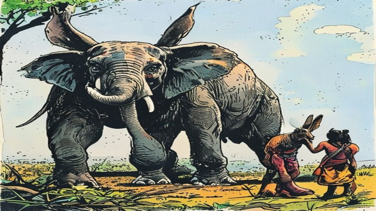 A single small hare stands before a vast herd of elephants, speaking with a composure that belies the physical disproportion between them &mdash; the ambassador of the moon preparing to demonstrate that bluff and intelligence defeat brute force