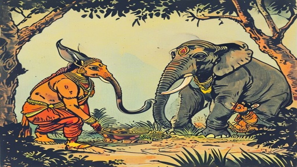 The hare ambassador shows the elephant king the moon's trembling reflection in the sacred lake at night, the moon appearing to shake with anger at the elephant's disturbing presence &mdash; the strategic bluff at its most effective moment