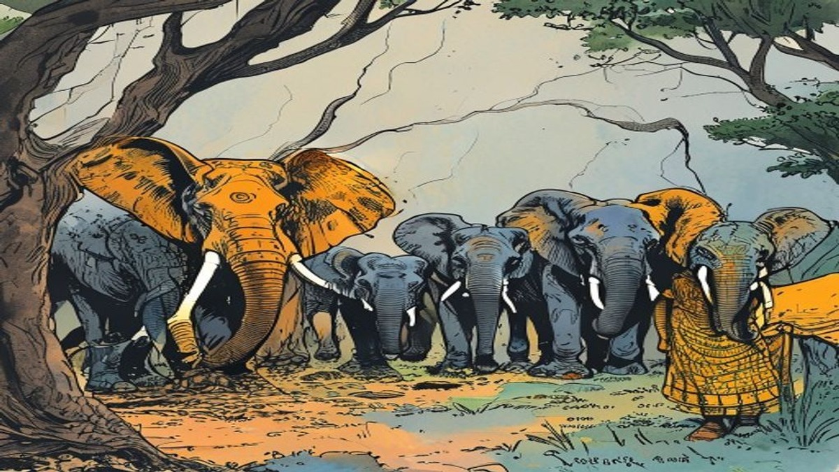 The elephant herd moves away from the lake in the early morning, the elephant king at the rear glancing back with the specific caution of a being that has been convinced of a divine authority it would rather not challenge further