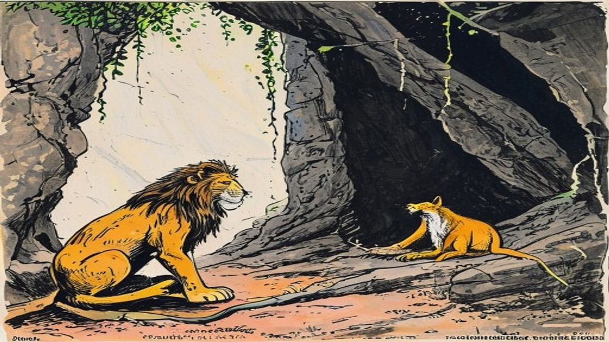 A jackal pauses at the entrance of his cave, examining fresh lion tracks leading in but not out, his posture conveying the careful inferential reasoning of a being who understands what he is looking at and what it means