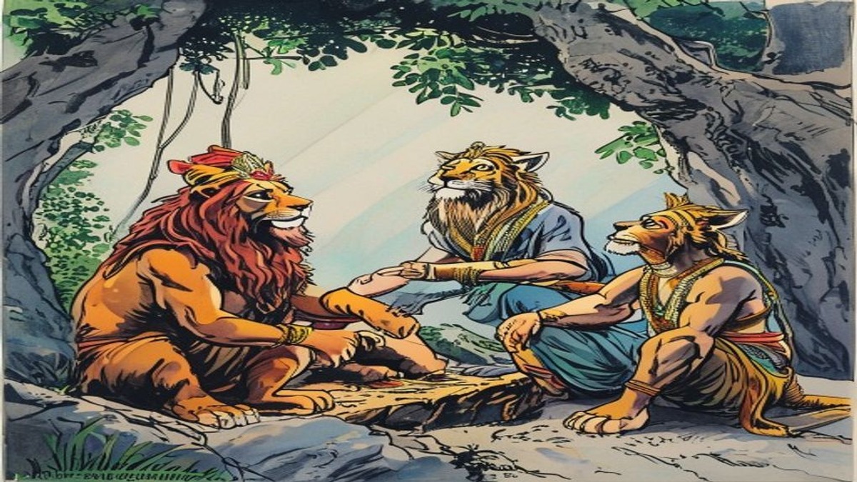 The jackal stands at a safe distance from the cave entrance, calling out his greeting as the lion inside considers how to respond to the unusual claim about cave-greeting customs