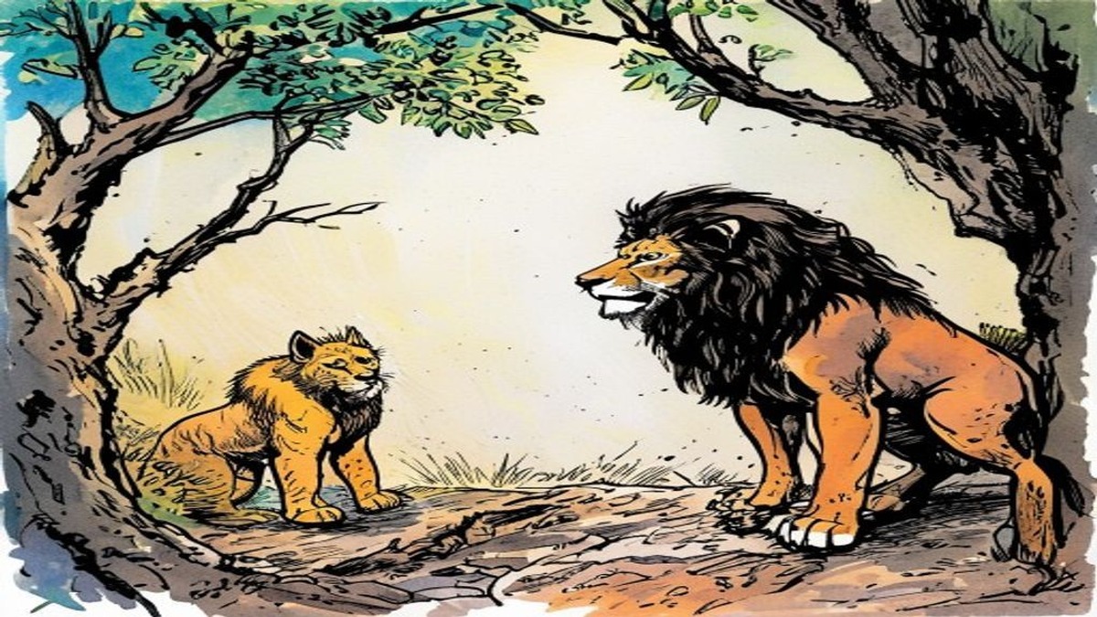 The lion emerges from the cave to find it empty, the jackal long gone, his roar having confirmed exactly what the jackal suspected and driven away the prey he was waiting for