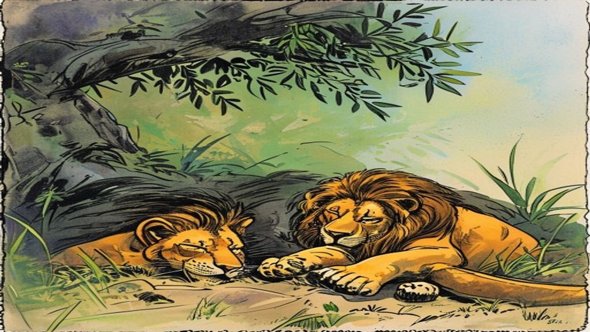 The jackal at a safe distance, watching the lion emerge from the empty cave, the jackal's posture conveying the specific satisfaction of a being whose reasoning has defeated a being of vastly greater physical power