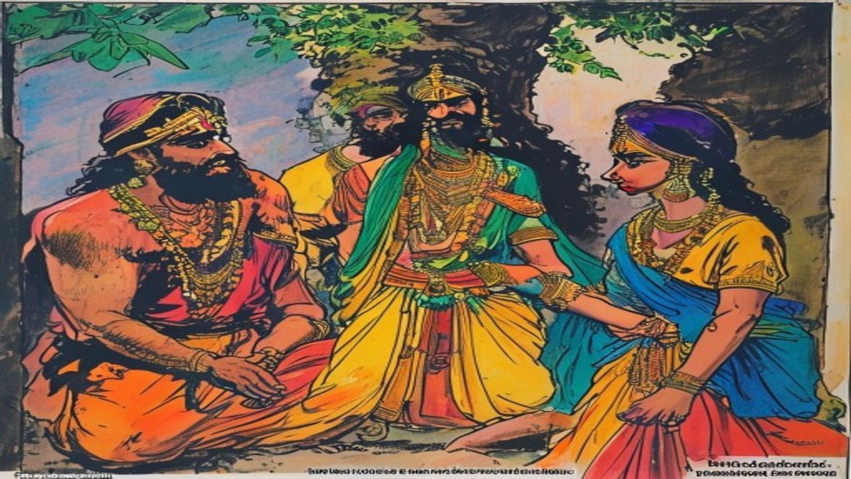 The young wife stands outside the house explaining her presence to the awakened merchant, while the thief retreats in the shadows having abandoned his plan, and the lover who never arrived is nowhere to be seen