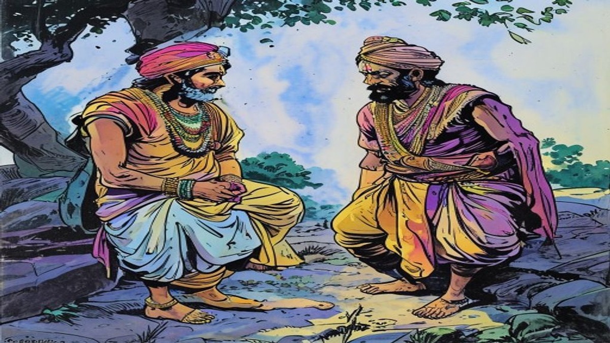 A brahmin walks a road carrying a goat while ahead of him, a group of crooks dressed in the clothing of respectable travellers coordinate their approach, each playing a designated role in a deception that depends on the brahmin's reasonable trust in apparent legitimacy