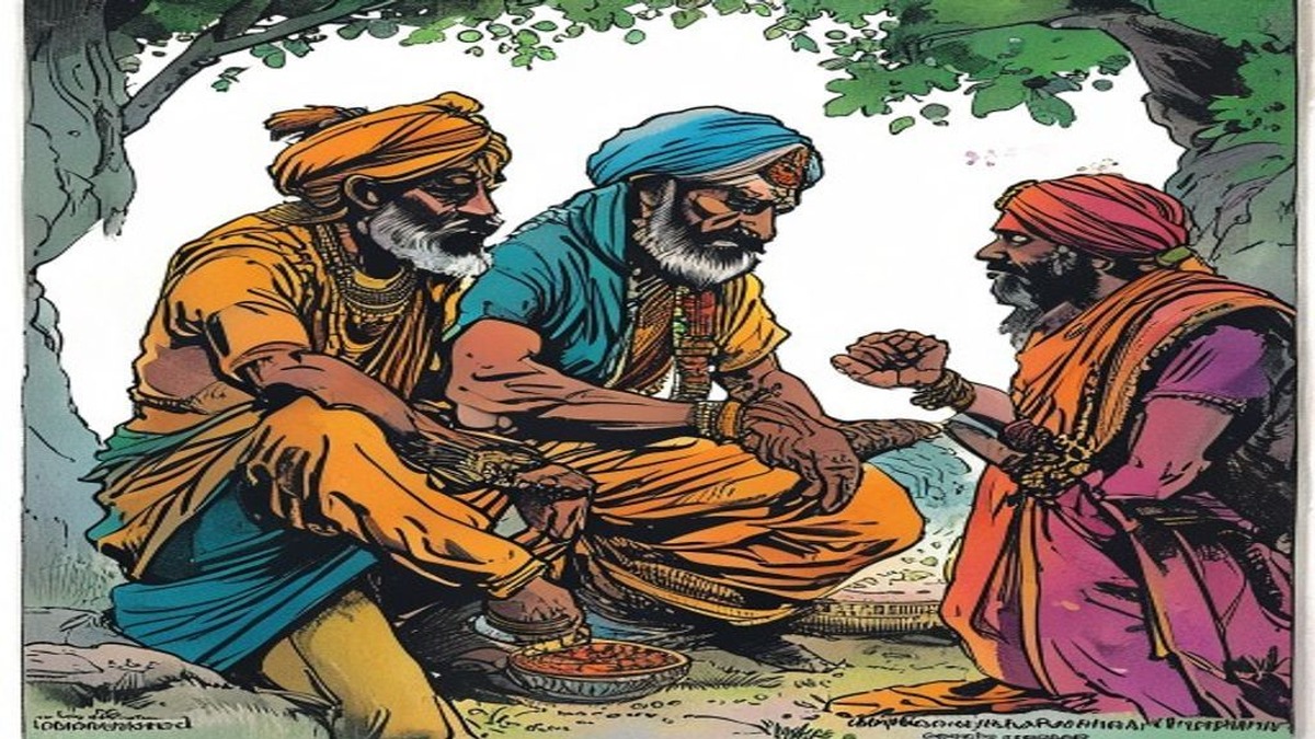 The brahmin looks back down the road after realising his loss, the crooks no longer visible, his expression combining the grief of loss and the dawning understanding of how he was separated from what he carried