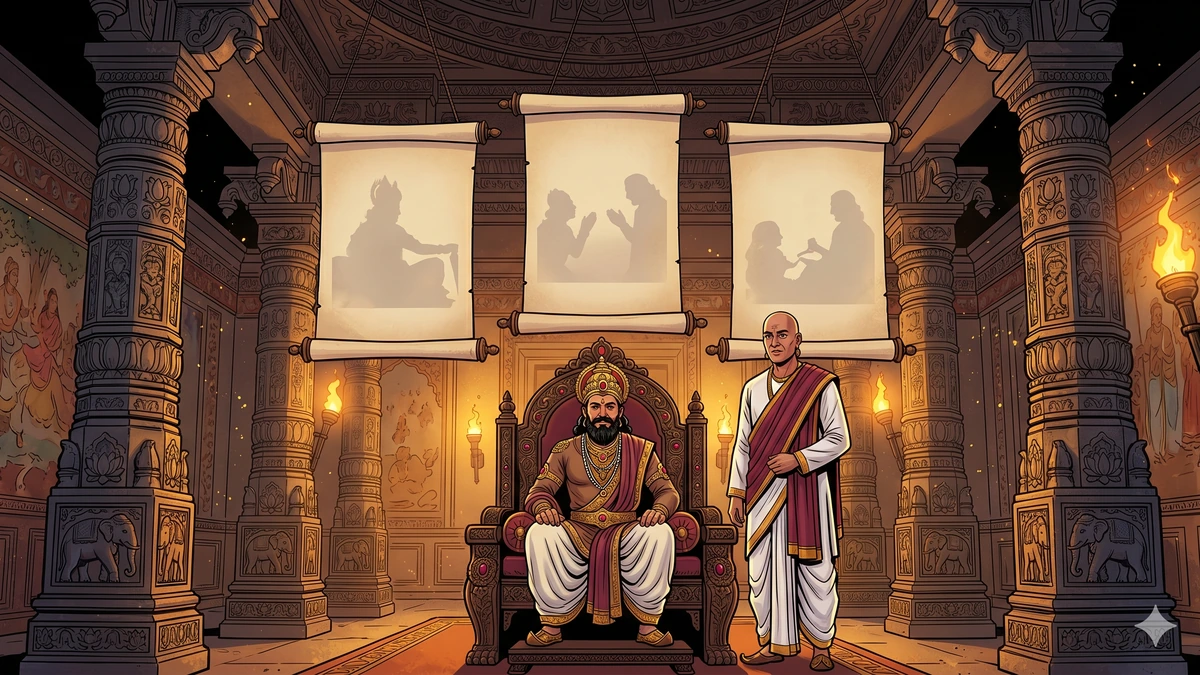 King Nanda and Vararuchi in the throne hall - A Three-in-One Story Panchatantra cover
