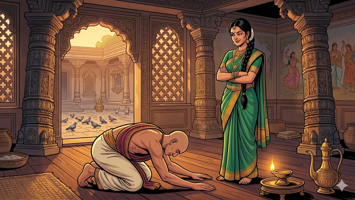 Vararuchi prostrating before his wife with a shaved head - Panchatantra scene