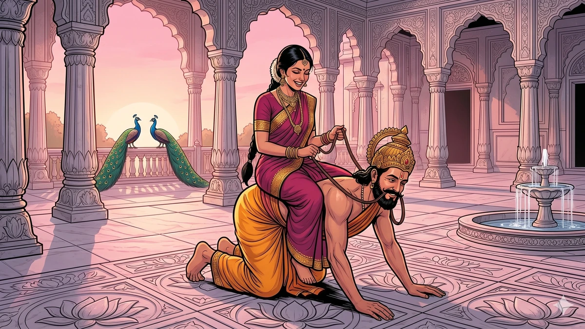 Queen riding King Nanda like a horse in the palace courtyard - Panchatantra scene