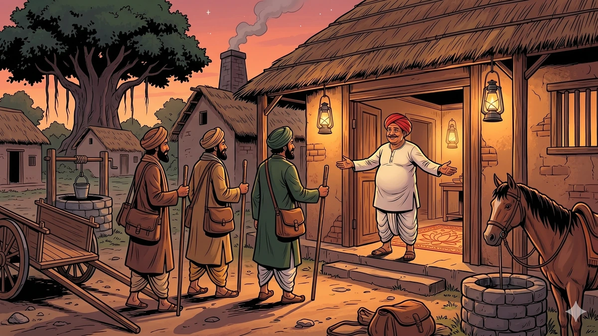 Three travel-weary merchants arriving at a village inn at twilight - Panchatantra scene