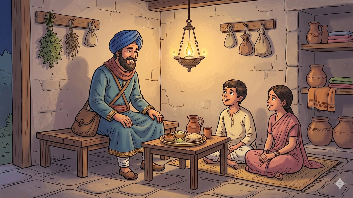 Elderly sage under a banyan tree narrating tales to children - moral - Panchatantra