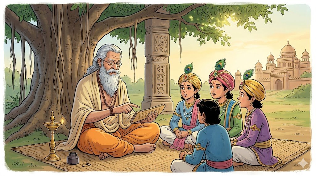 Pandit Vishnu Sharma teaching the three princes of Mahilaropya
