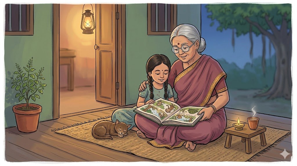 An Indian grandmother reading Panchatantra tales to her granddaughter