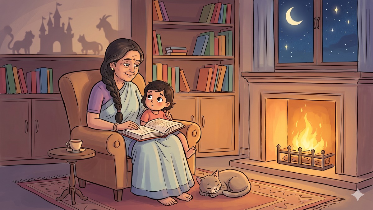 What Fairy Tales Teach Us - Grandmother Reading Storybook to Child by Fireplace