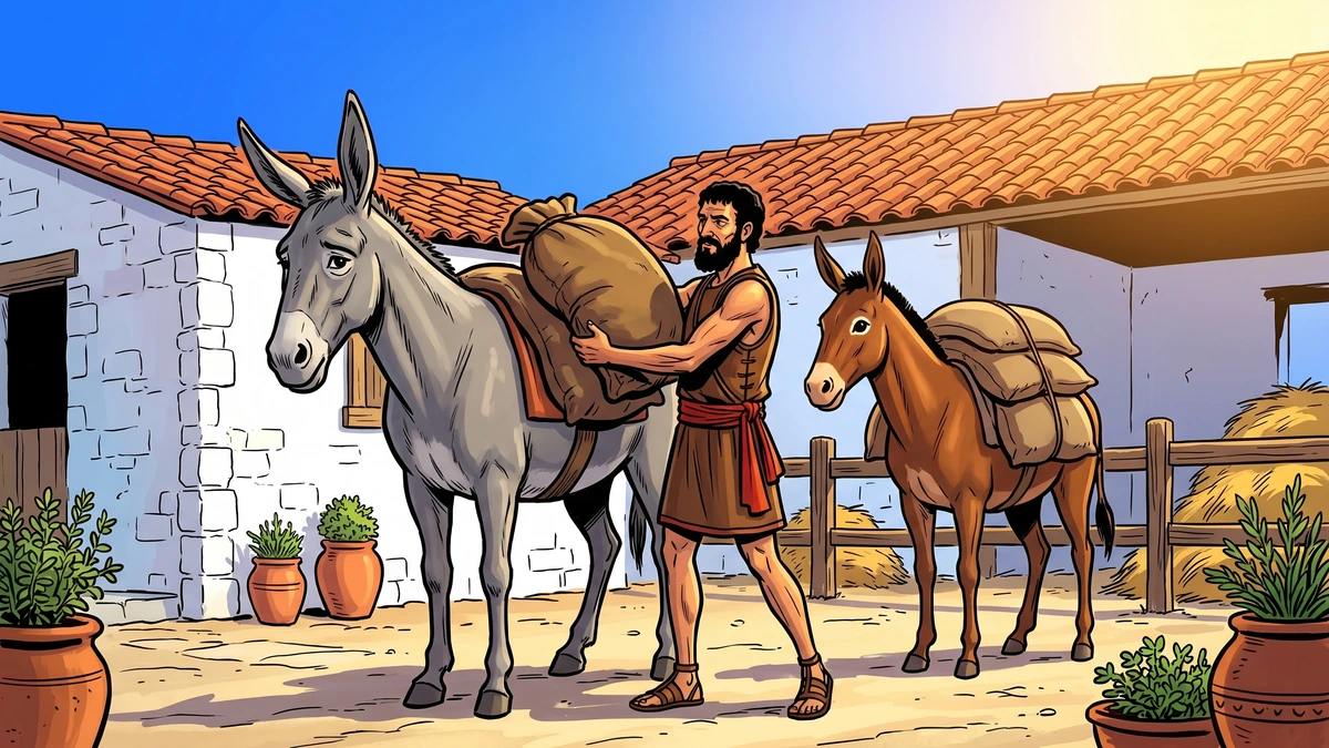 The Ass and The Mule - Scene 01 - The Loading - Bright sunny morning courtyard of a small Greek farm where the merchant in brown leather tunic loads bulging brown wool sacks onto the back of the grey ass with the brown mule already loaded standing patiently beside her, vibrant ACK style