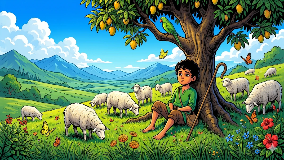 The Boy Who Cried Wolf - Scene 01 - The shepherd-boy sitting bored under a great mango tree as his sheep graze peacefully on a sunny hillside, vibrant ACK style