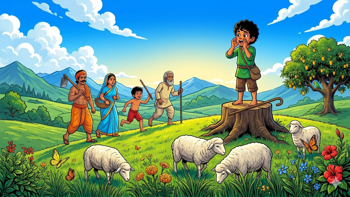 The Boy Who Cried Wolf - Scene 02 - The boy on a stump shouting wolf as villagers in saffron blue and red run up the hillside in panic, vibrant ACK style