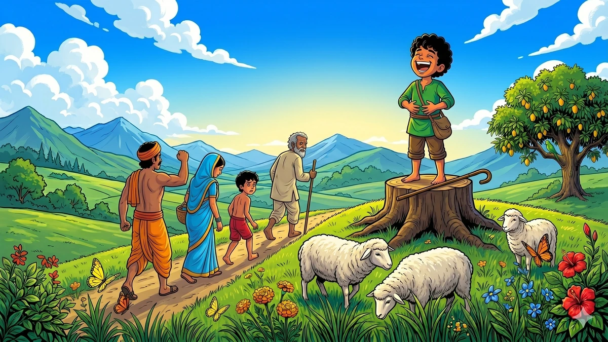 The Boy Who Cried Wolf - Scene 03 - The boy laughing on the stump while the angry disappointed villagers walk back down the green slope, vibrant ACK style