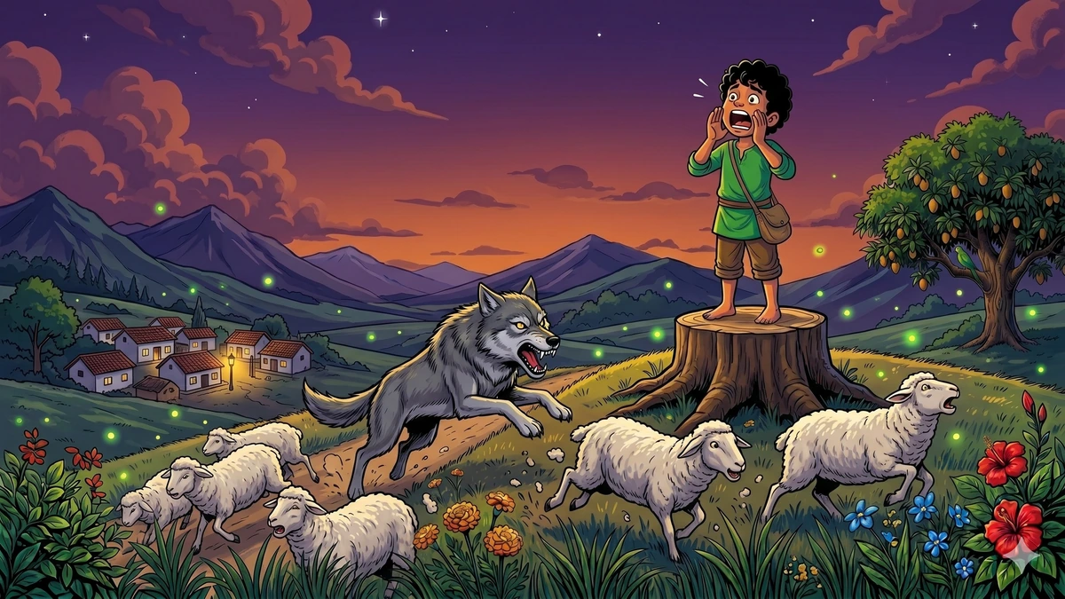 The Boy Who Cried Wolf - Scene 04 - A great fierce grey wolf leaping at panicked sheep on the twilight hillside while the boy frantic on the stump shouts toward the silent village, vibrant ACK style