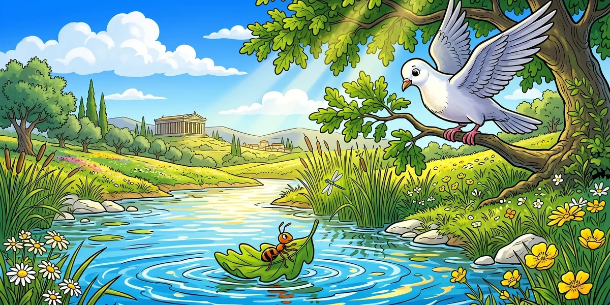 The Ant and the Dove - Cover - A tiny orange-and-black ant clinging to a green oak leaf floating on sparkling clear blue water of a stream, beautiful white-and-grey dove with bright pink feet and wings spread perched on overhanging green oak branch above protectively, Greek meadow with reeds and yellow wildflowers, vibrant Amar Chitra Katha style
