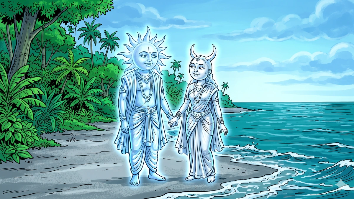 Why the Sun and Moon Live in the Sky — Sun and Moon as luminous figures by the sea at dawn