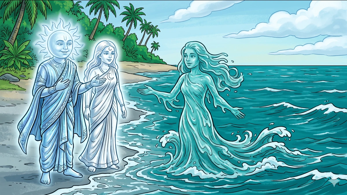 Sun, Moon and Water personified in friendly conversation on the seashore