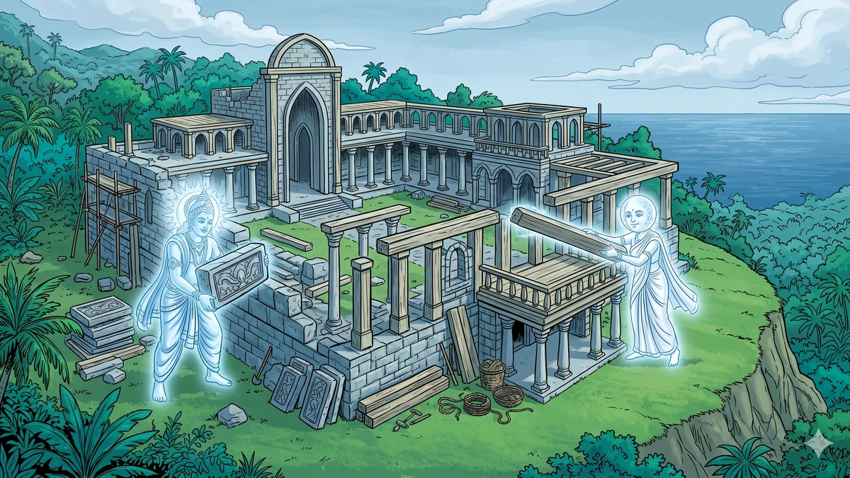 Sun and Moon building a tall sprawling stone palace on a hilltop to welcome Water