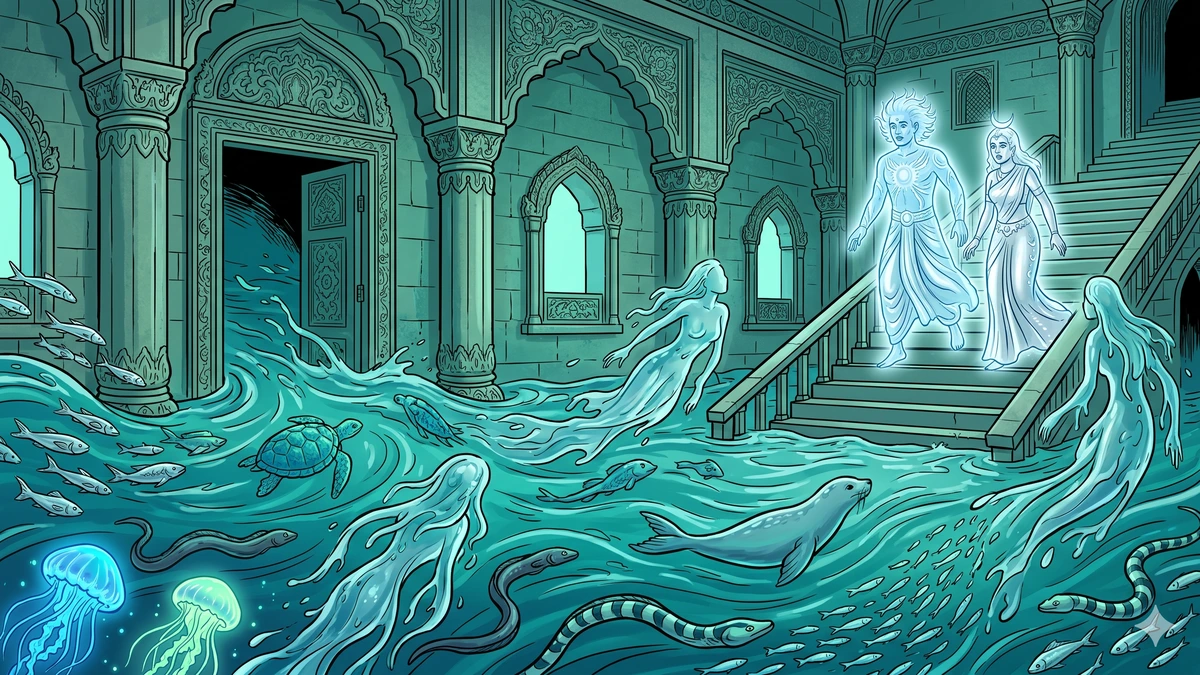 Water floods the new house with fish, turtles, sea snakes, jellyfish and seals