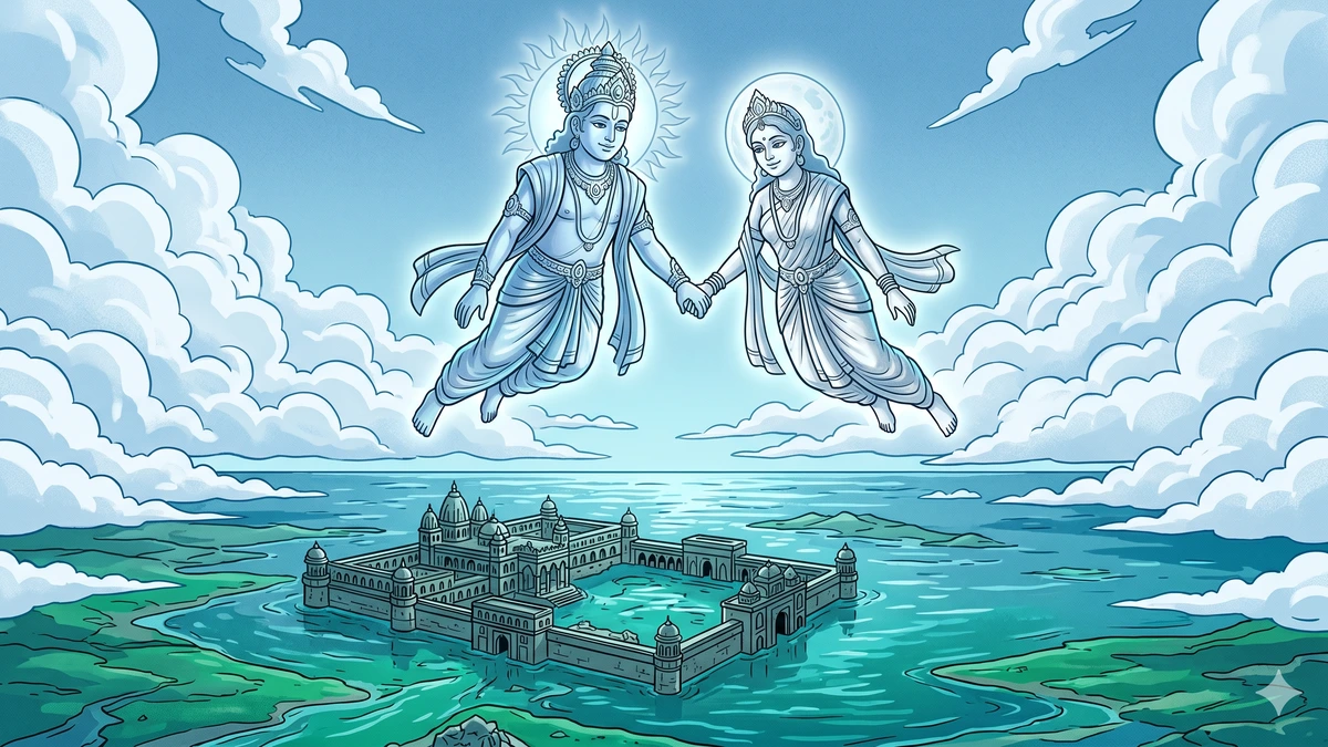 Sun and Moon rise into the sky above the flooded earth-house
