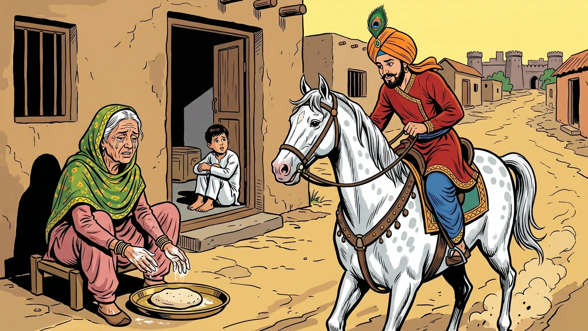 Raja Rasalu meets the weeping widow at the city gate of Nila — Punjabi folktale illustration