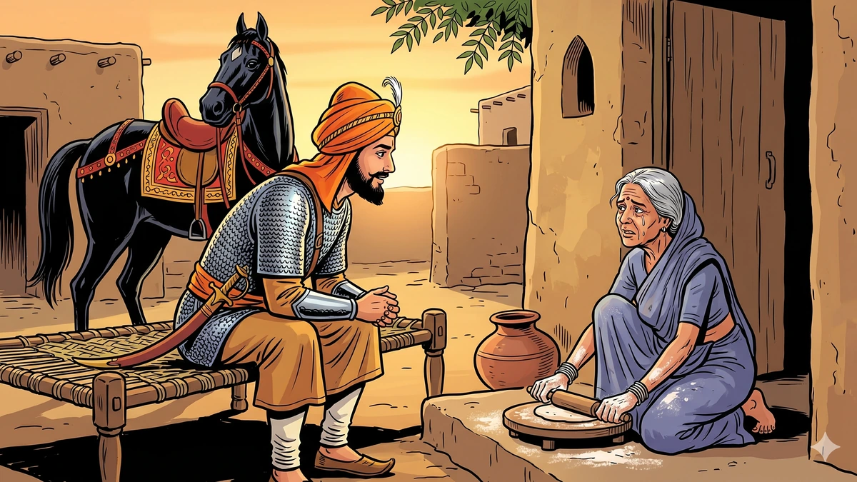 Raja Rasalu sits on the widow's charpai promising to take her son's place — Punjabi folktale illustration