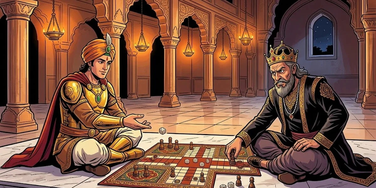 Raja Rasalu plays chaupur with King Sarkap in the Punjabi palace hall — Amar Chitra Katha style