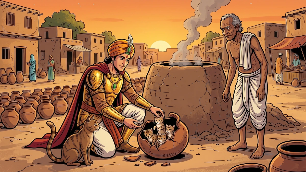 Raja Rasalu rescues kittens from the potter's kiln, mother cat watching gratefully