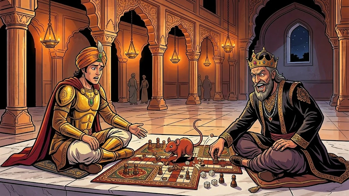 King Sarkap's magic rat Dhol Raja sneaks across the chaupur dice cloth, upsetting the pieces