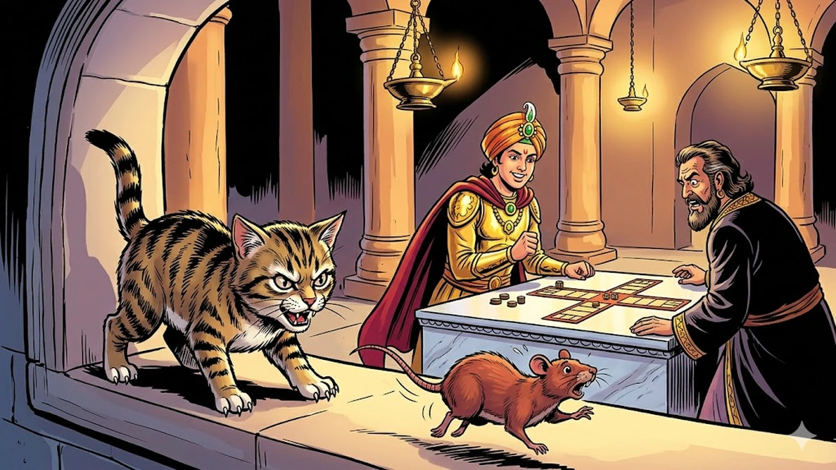 The kitten freezes the magic rat at the high palace window during the climactic chaupur game