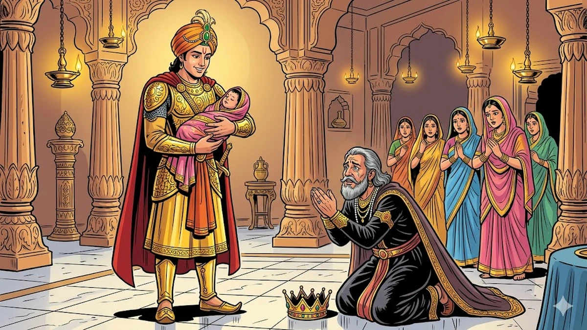 Raja Rasalu spares King Sarkap and accepts the infant princess Kokilan in his arms