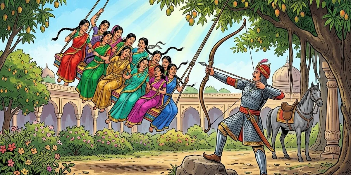 Raja Rasalu and the seventy maidens at Sarkap’s gate, Punjabi folk illustration