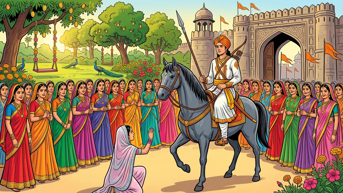 Seventy maidens of Sarkap greet Raja Rasalu at the gate of Kot Bithaur