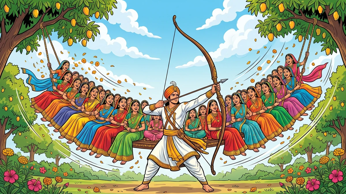 Raja Rasalu hurls the seventy maidens skywards on the bowstring swing