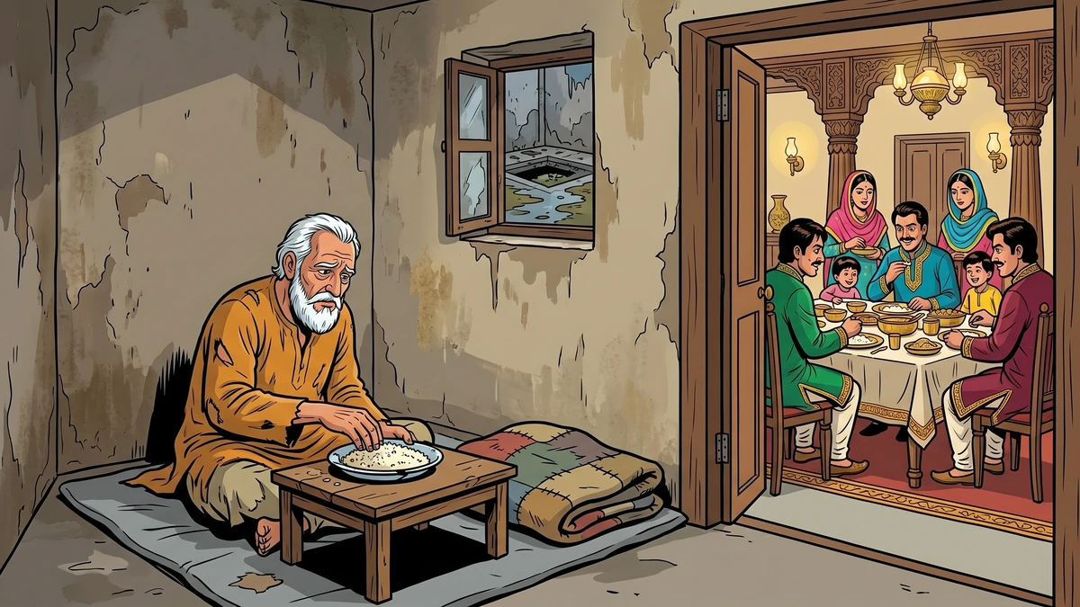 Old Kashmiri father humbled in a dim back room while sons feast, ACK style — the cruelty that followed